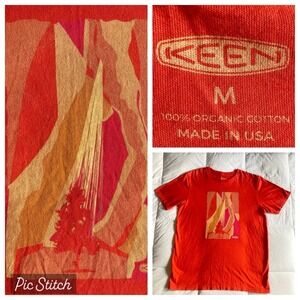 Keen 100% Organic Cotton Graphic TShirt Tee Mens M Orange Outdoor GORP Mountain